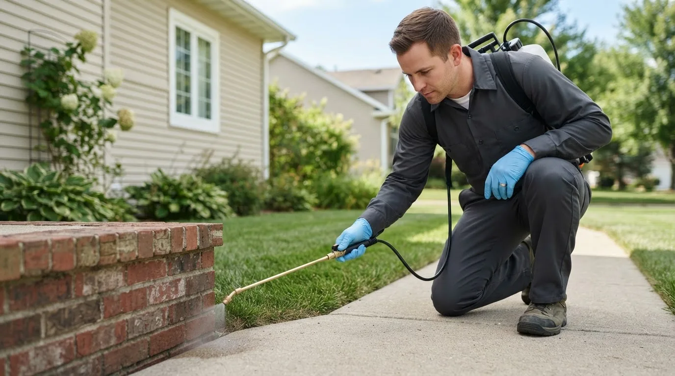 Pest control technician treating a home near West Frankfort, IL