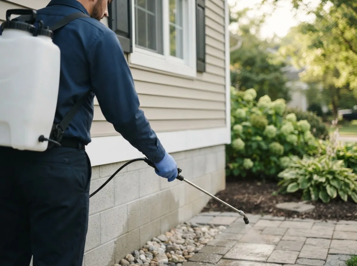 Pest control technician inspecting a home in West Frankfort, IL